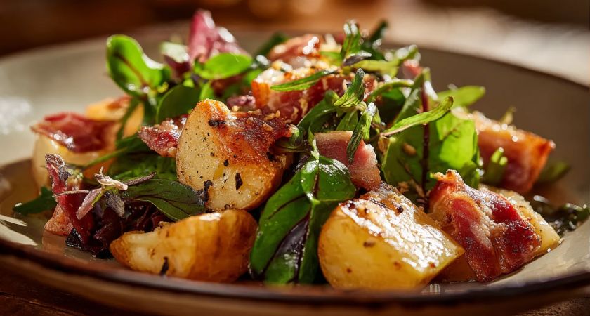 Тёплый салат с картошкой и беконом: сытно, просто и ароматно